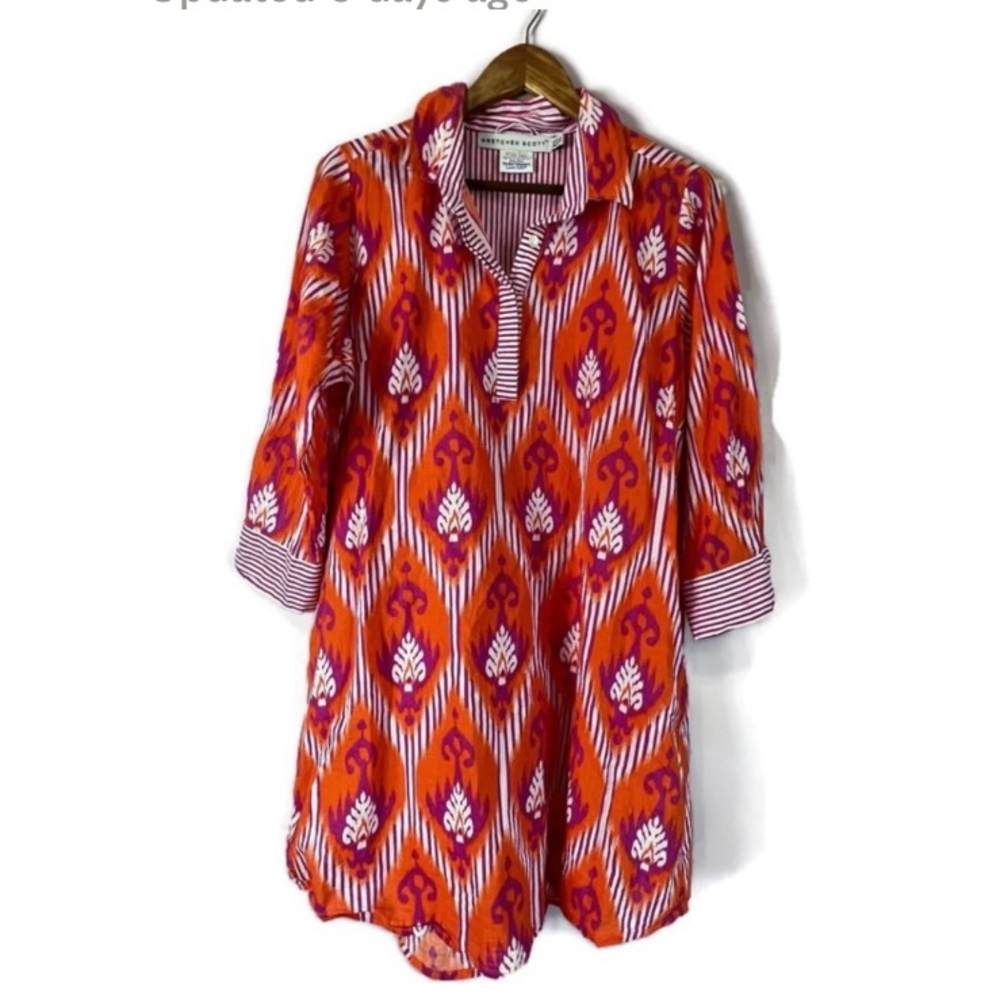 Gretchen Scott Preppy Orange Pink White Ikat Stripe Collar Tunic Dress Size XL